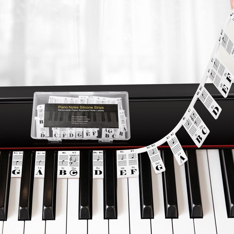 Eison Removable Piano Keyboard Note Labels Piano Keyboard Stickers for Beginner Silicone Piano Notes Guide for Learning, 88-Key Full Size, No Need Stickers, Reusable and Comes with Box (Black） - Image 1